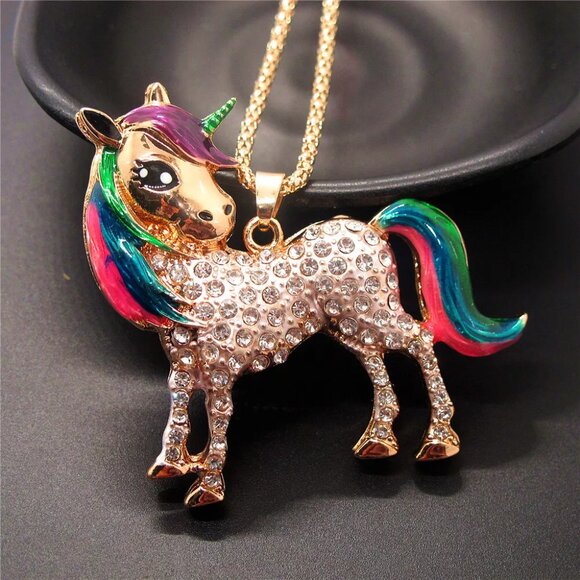 Betsey Johnson pink or white rhinestone unicorn pendant with chain NEW - Picture 3 of 5